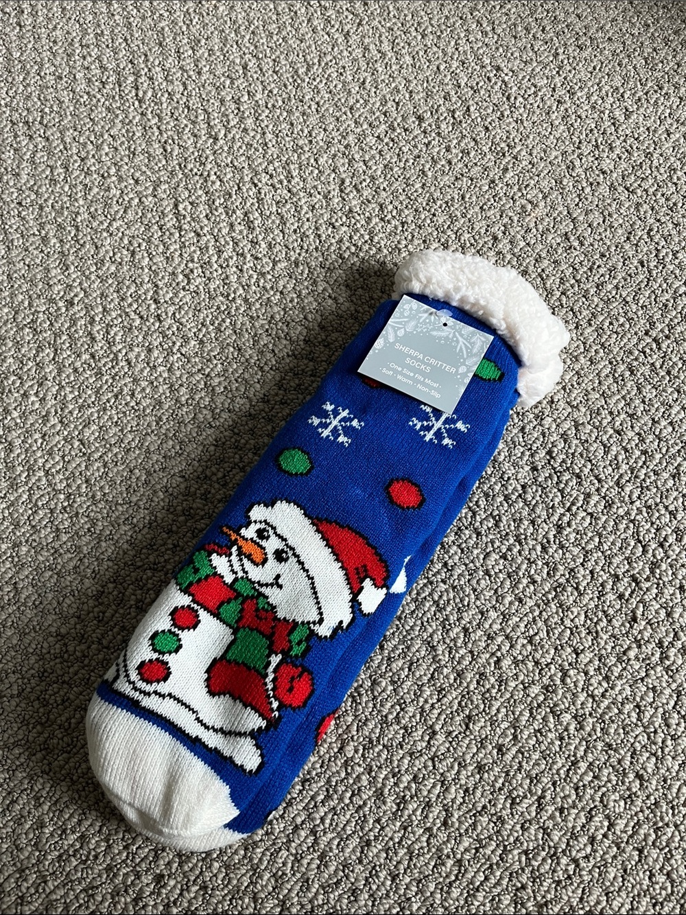 Blue Sherpa Critter Holiday Socks with White Cuff